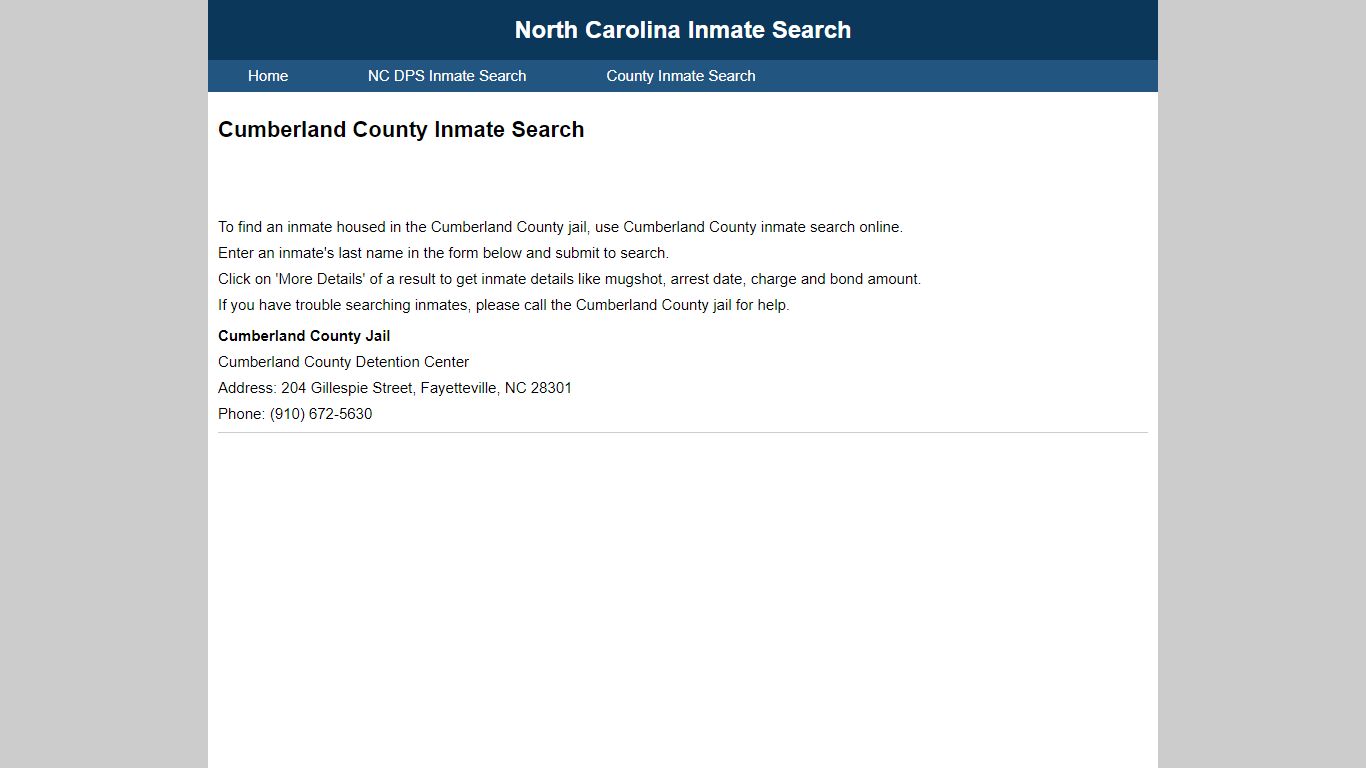 Cumberland County Inmate Search - North Carolina Inmate Search